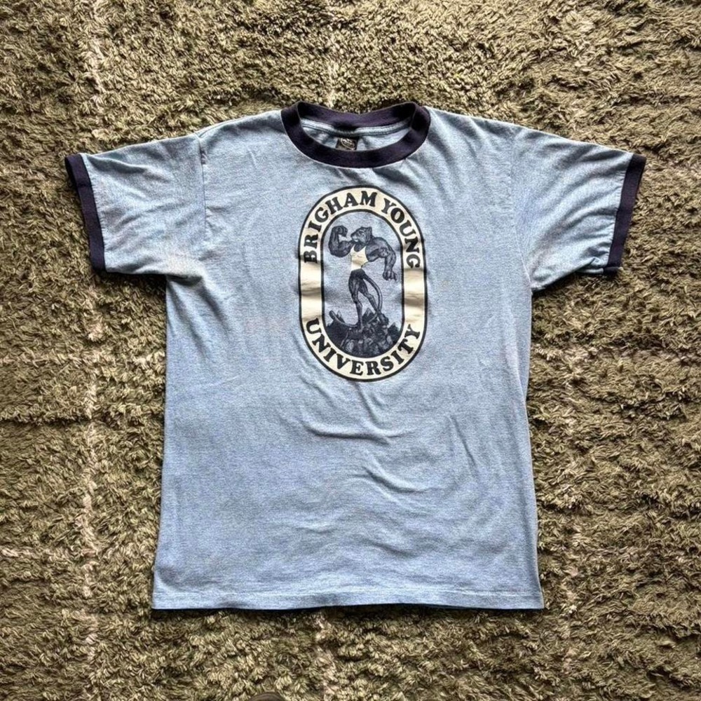 Vintage Anvil BYU Brigham Young University Ringer T-Shirt XL Blue Made in USA